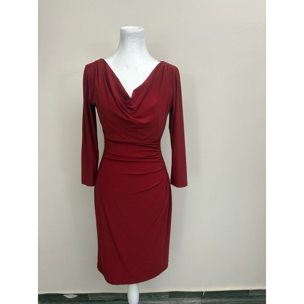 Chaps Women's Red Ruched Side Drape Long Sleeve Bodycon Dress Small Cowl Neck